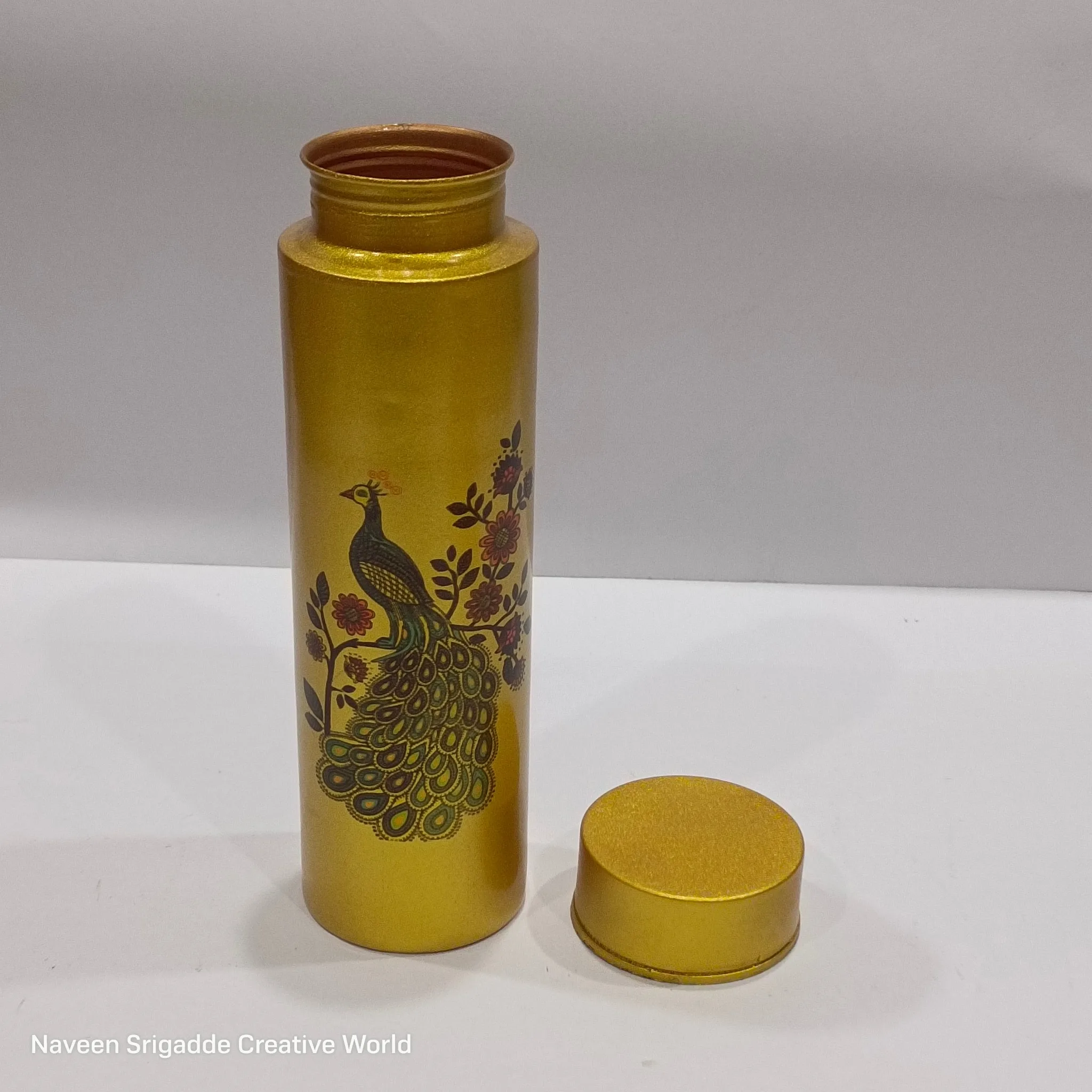 Copper Water Bottle with Elegant Peacock Design